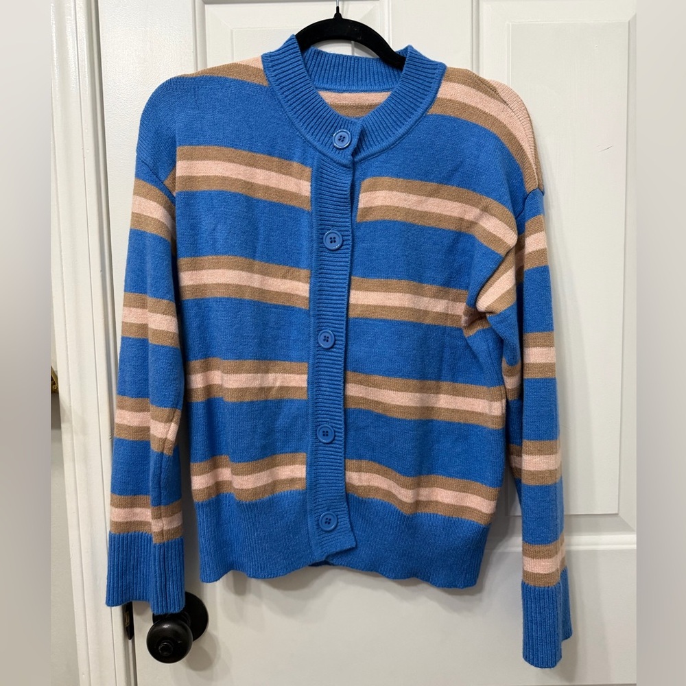 Blue and Tan Striped Cardigan NWOT